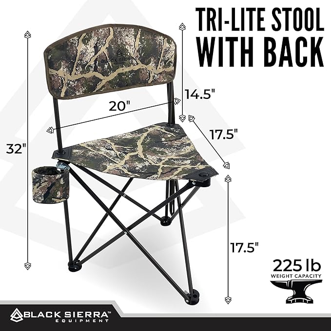 Black Sierra Tri-Lite Stool w/Back Lightweight Portable Fishing Chair w/Cupholder and Carry Strap Supports 225-Lb Portable Outdoor Chair for the Hunting Blind Camping Travel Hiking