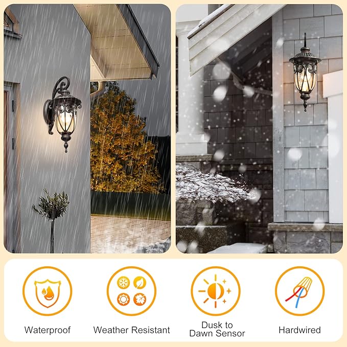 23 Inch Large Dusk to Dawn Outdoor Porch Lights for Garage 2 Pack Bronze Wall Lantern with Photocell Sensor Exterior Wall Light Fixture with Seeded Glass for House Aluminium
