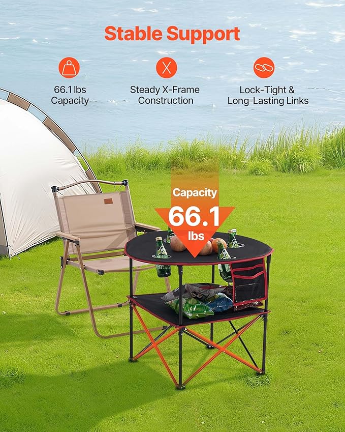 VEVOR Folding Camping Table Portable Outdoor Lightweight Picnic Table 600D Oxford Fabric Waterproof Canvas Travel Beach Tables with 4 Cup Holders Carry Bag for Tailgating Camping Picnic Black