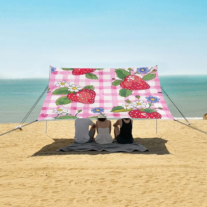 Strawberry Pattern Beach Tent Sun Shelter 9.2' x 10.5' Beach Canopy with 4 Sandbags 4 Stability Poles Sand Shovels - Tent Canopy for Beach Camping Fishing Picnics