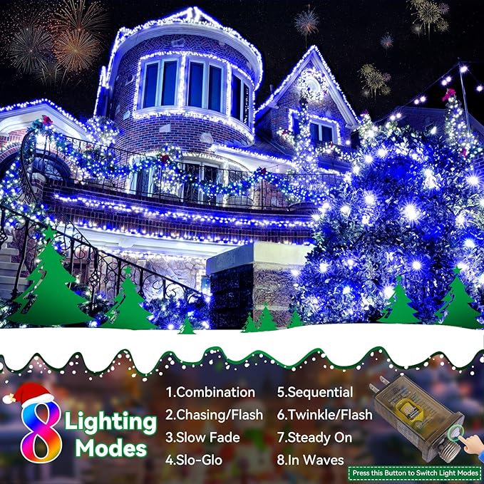 Heceltt Christmas Lights Outdoor 403FT 1000 LED String Lights 8 Modes and Timer Memory Function Twinkle Fairy Lights IP44 Waterproof Plug in for Xmas Tree Wedding Party Holiday Decor(Blue)