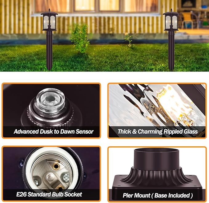 Brown Dusk to Dawn Outdoor Post Lights - 2 Packs Oil Rubbed Bronze Post Lights with Pier Mount Base Rustic Hard Wired Pole Outdoor Lighting Waterproof Pillar Lantern Outside for Pathway Patio