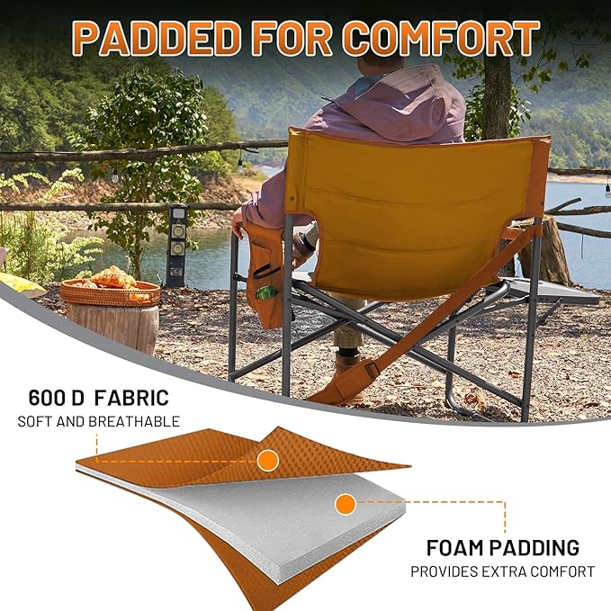TIMBER RIDGE XXL Director’s Chair – Heavy Duty Folding Chair with Side Table 500 lb Capacity Extra Wide Padded Seat for Camping Sports Beach Patio and Outdoor Use Orange-2 Pack