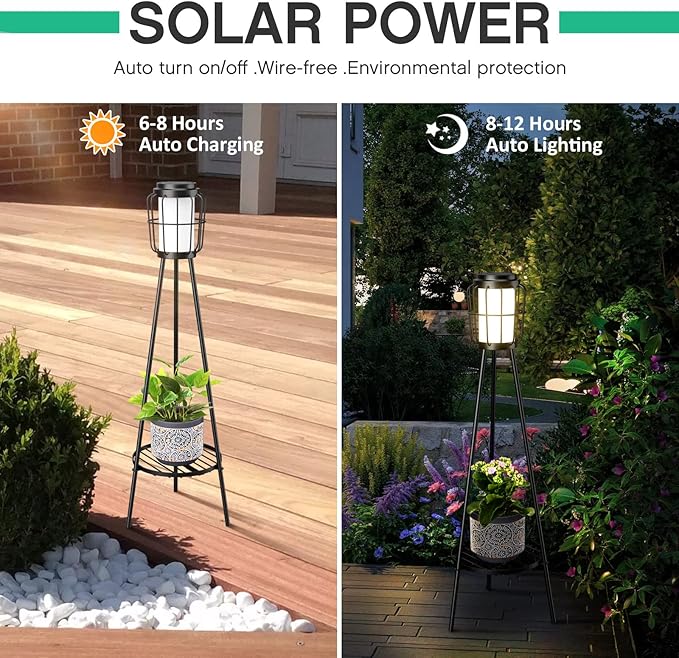 MXwcy 2 Pack Solar Lights Outdoor with Plant Stands - Solar Floor Lamp &amp Street Lights with Metal Tripod - Patio Decor for Garden Yard Pathway Driveway Porch