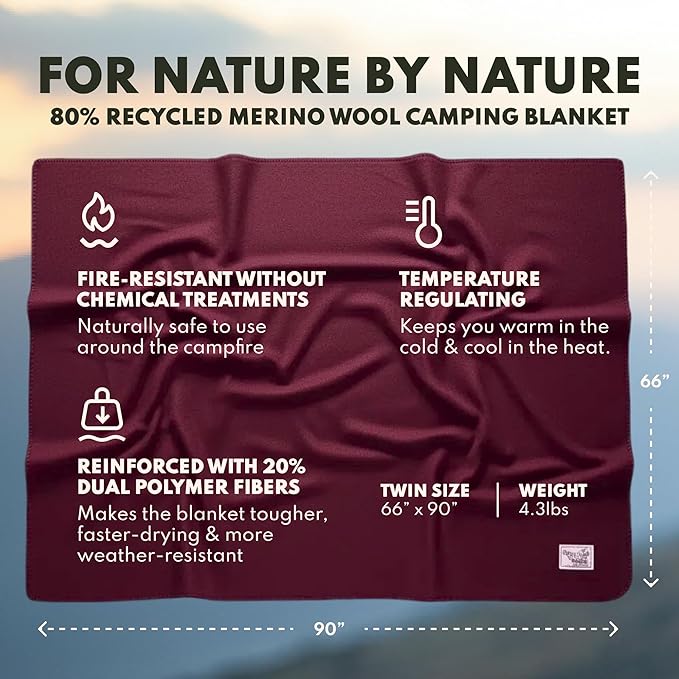 Woolly Mammoth Woolen Company Merino Wool Blanket - Temperature-regulating and Mositure-Wicking - 80% Wool Blanket - for Outdoor Camping Backpacking and Hunting (66 x 90 Mulberry)