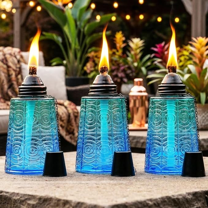 Seraphic Citronella Table Top Torches for Outdoor Patio 16oz Decorative Glass Torch Citronella Candles for Outside Deck Garden Parties Set of 3 Tropical Blue