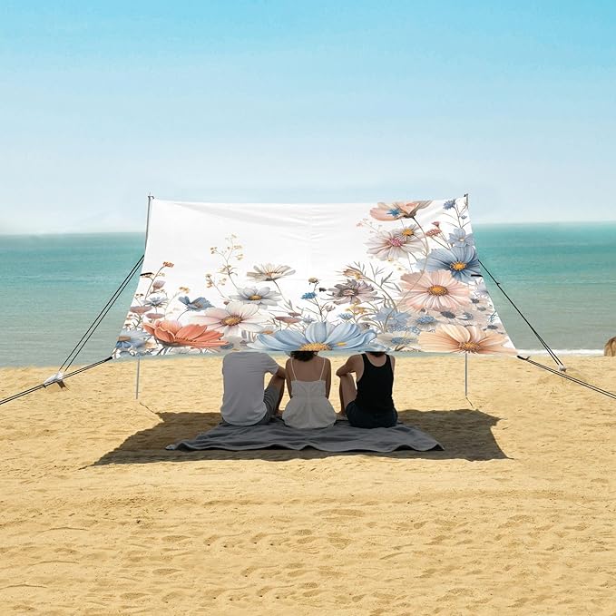 Wildflowers Pattern Beach Tent Sun Shelter 9.2' x 10.5' Beach Canopy with 4 Sandbags 4 Stability Poles Sand Shovels - Tent Canopy for Beach Camping Fishing Picnics