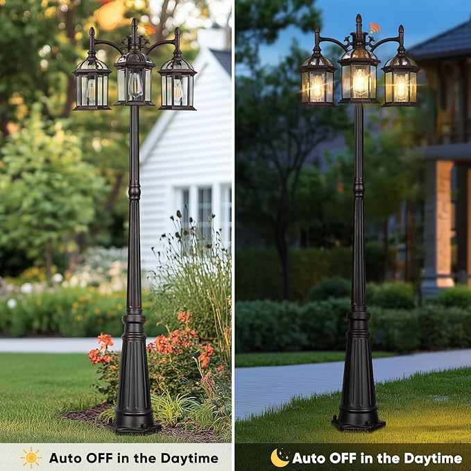 Dusk to Dawn Outdoor Lamp Post Light with 3 LED Bulbs Triple Head Aluminum Street Light Post for Outside with Sensor Waterproof Birdcage Pole Lighting Fixture for Backyard Garden Patio Bronze