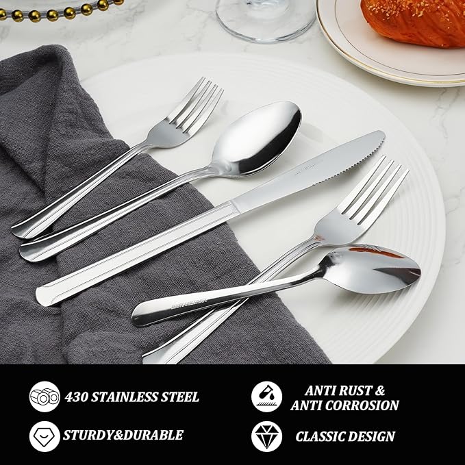 Silverware Set for 8 - Dominion 40PCS 18/0 Stainless Steel Flatware Utensils Cutlery Set Includ Steak Knife Fork Spoon for Home Restaurant Wedding Party Dishwasher Safe &amp Mirror Polished