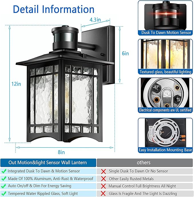 Motion Sensor Outdoor Lights Dusk to Dawn Light Fixture Black Wall Sconce Lighting Front Porch Light Exterior Lights for House Patio Outside Door Wall Mount Anti-Rust Lantern