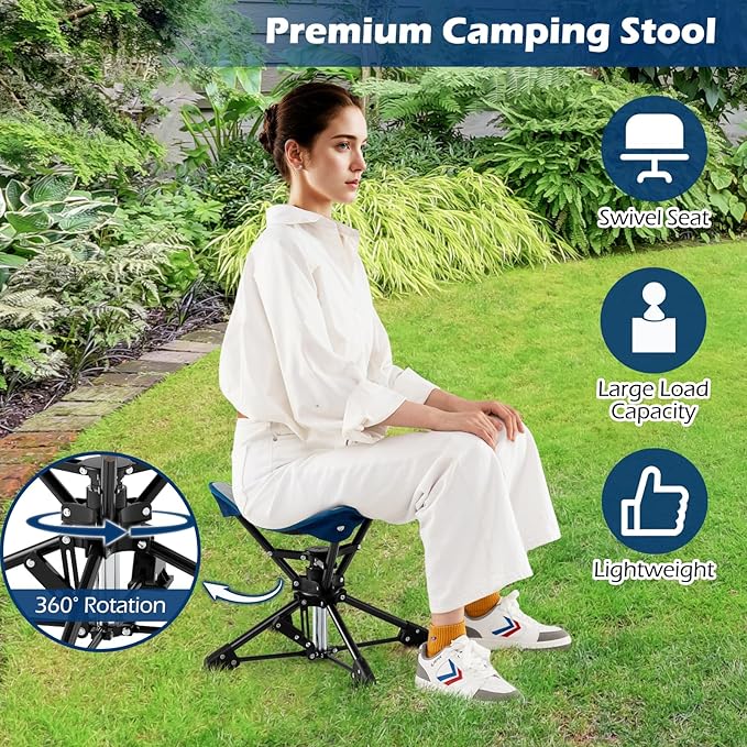 Tangkula 360°Swivel Foldable Camping Stool with Anti-Sink Feet Carrying Bag Portable Tripod Stool for Camping Fishing Hiking Gardening Beach 330 LBS Load (1 Blue)