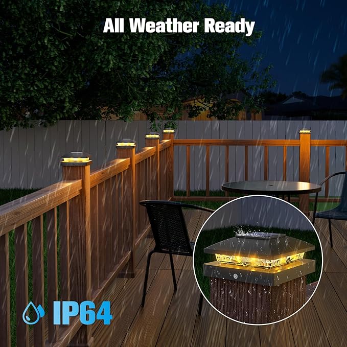 VOLISUN 4x4 Solar Post Cap Light 12packSolar Fence - Post Lights Outdoor Waterproof for Wooden/Vinyl PostBlack Deck Post Cap Light Solar Powered with Warm White for Garden/Patio/Porch