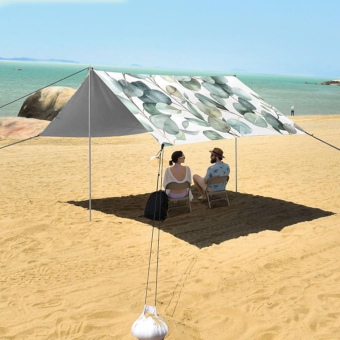 Watercolor Eucalyptus Beach Tent Sun Shelter 9.2' x 10.5' Beach Canopy with 4 Sandbags 4 Stability Poles Sand Shovels - Tent Canopy for Beach Camping Fishing Picnics