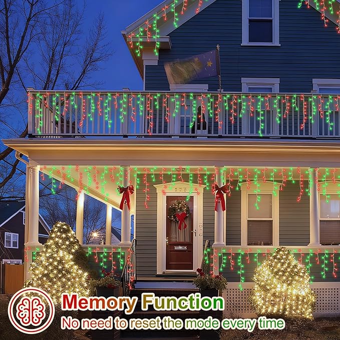 YEGUO 66ft 800 LED Red and Green Icicle Lights Outdoor Waterproof 160 Drops Icicle String Lights Connectable 8 Modes Icicle Christmas Lights with Memory Timer