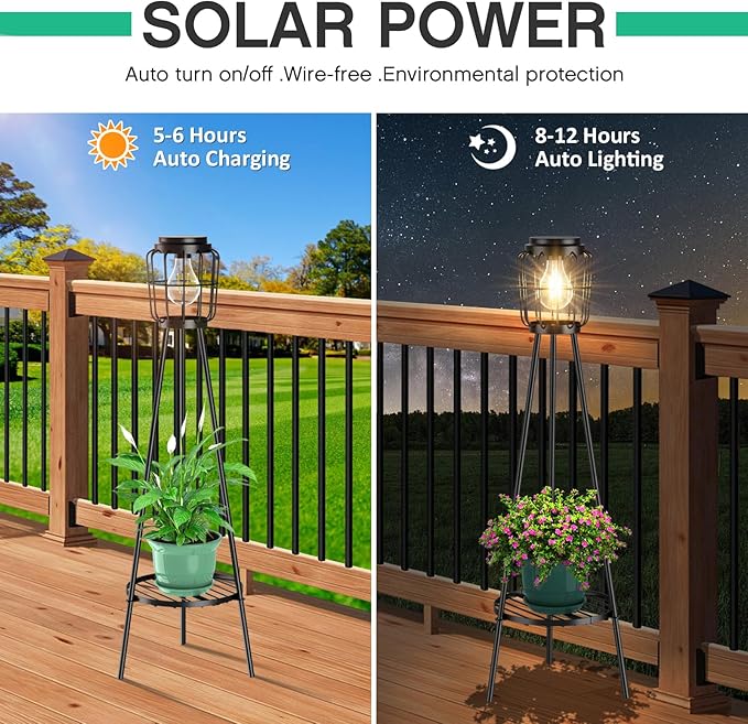 2 Pack Solar Lights with Plant Stand Outdoor Floor Lamp Waterproof Solar LED Edison Bulb Floor Lamps for Patio Porch Deck Yard Garden Decor