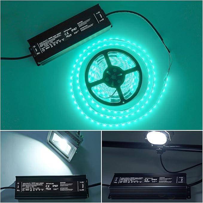 LED Power Supply 250W Waterproof IP67 100V-265V AC to 24V DC 3-Prong Plug with 3.3 Feet Cable for LED Strip Lights
