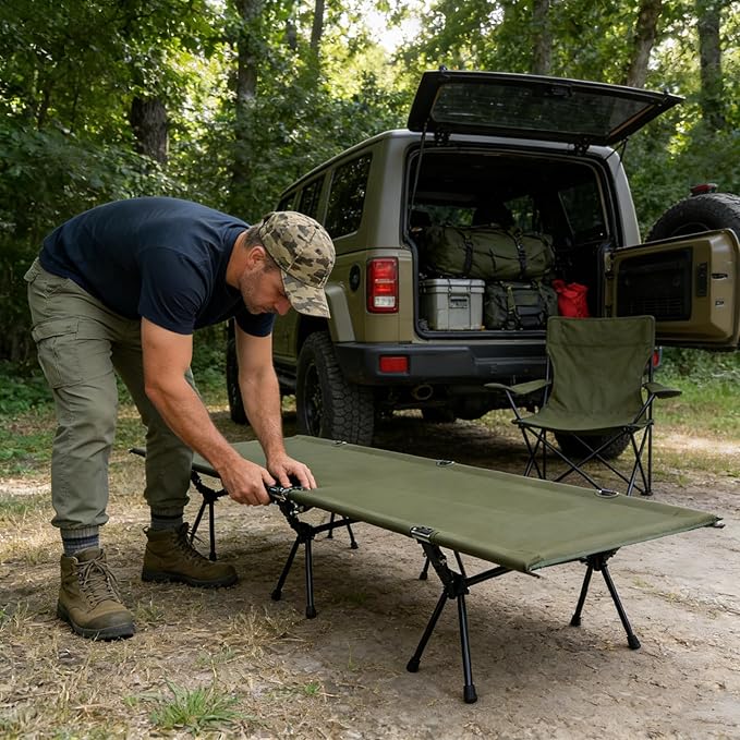 2 in 1 Folding Camping Cot with Leg Extenders Portable Height Adjustable Sleeping Bed 300 lbs Max Load Ultralight Aluminum Cot for Tent Camping Backpacking and Road Trip