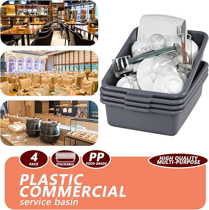 4-Pack Plastic Bus Bin Tubs Boxes 15 L Restaurant Dish Tub Gray
