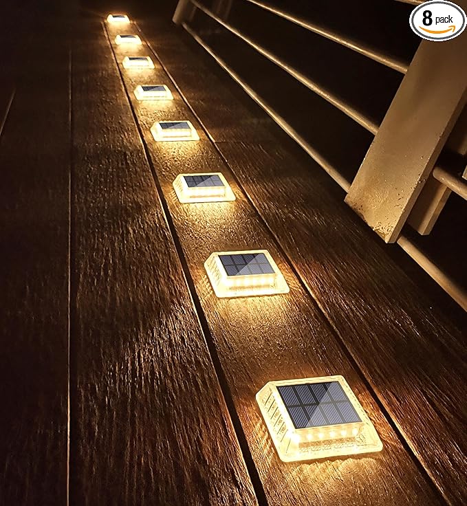 Lacasa Solar Deck Lights 8 Pack 30LM LED Dock Lights Warm White 2700K Outdoor Solar Powered Step Lights Light up All Night IP68 Waterproof Auto ON/Off for Garden Stairs Driveway Pathway Lighting