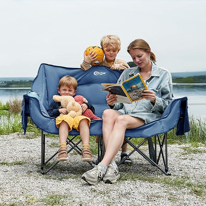 PORTAL Double Camping Chair 2 Person Folding Loveseat for Adults Padded Cushion Camp Lawn Love Seat with Side Pocket Portable Couch Two Person Heavy Duty Wide Chairs with Cup Holder 600 lbs