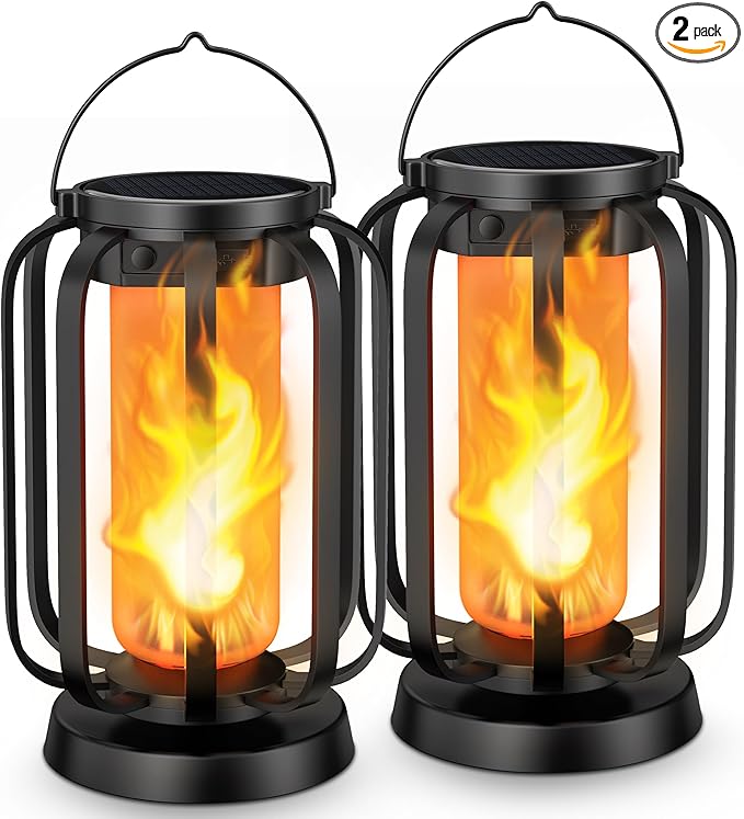 Hompavo Gen2 Solar Lanterns Outdoor Lights with Ultra-Real Flame 2 Charging (USB/Solar) &amp 2 Modes - Waterproof Decorative Hanging/Table Lights for Pathway Yard Patio Garden Decor Gifts for Women