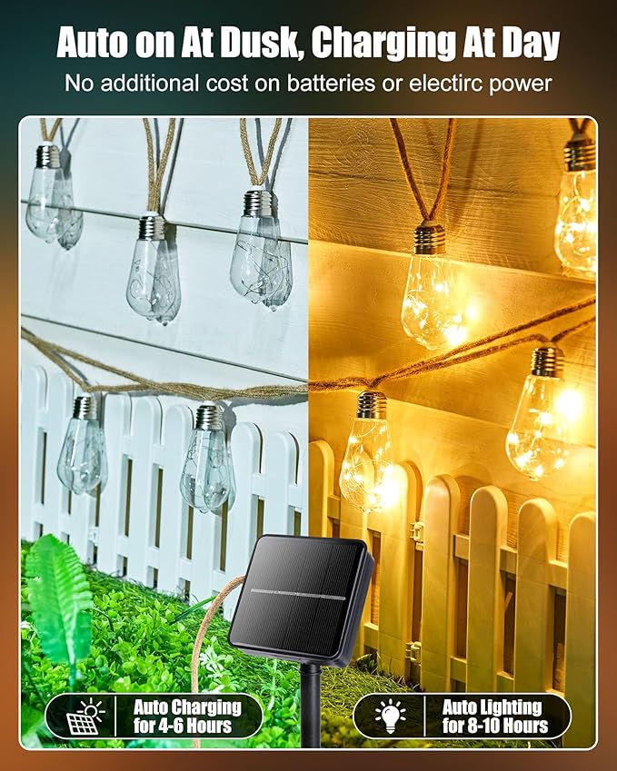Brightown 30FT Solar String Lights Outdoor with 15 Shatterproof Bulbs 8 Light Modes Vintage Hemp Rope LED Patio Lights Waterproof Hanging Lights for Porch Garden Café Bistro Decor Warm White