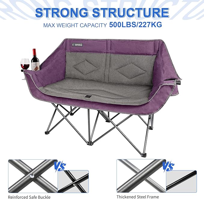 Oversized Double Camping Chair-Heavy Duty 2 Person Folding Loveseat Camp Couch for AdultsPortable Outdoor Lawn Chairs with Padded Seat for FishingSports and PatioSupports 500 LBSPurple