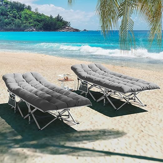 DWVO 2PCS Camping Cots Portable Recliner Lounge Chair w/Mattress Outdoor Folding Cot Heavy Duty 575 LB Capacity 1200D Oxford w/Carry Bag Travel Camp Bed for Camping Office Traveling Grey