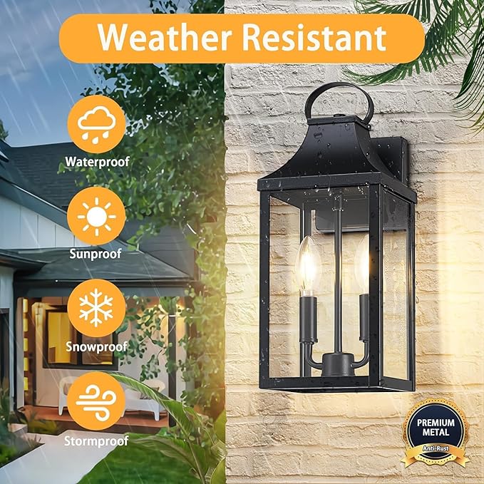 15 Dusk to Dawn Black Outdoor Wall Lantern 2-Light Outside Modern Wall Sconce Light Fixture Industrial Porch Light with E12 Sockets Waterproof Exterior Lamp Lighting Black