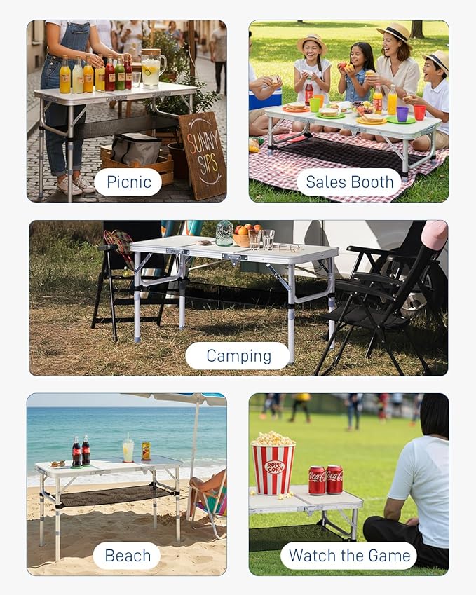 Outvita Folding Table 3FT Aluminum Camping Table with Storage Adjustable Height Picnic Table Lightweight for Carring Outdoor Party Events Beach