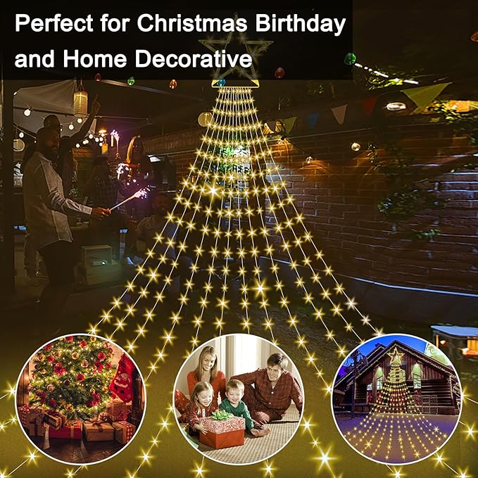 Onory Christmas Outdoor Star String Lights 23FT 860 LED Waterproof Waterfall Tree Lights with Star Topper 8 Modes Christmas Decorations Outdoor Tree Lights for Patio Yard Party Holiday Dec