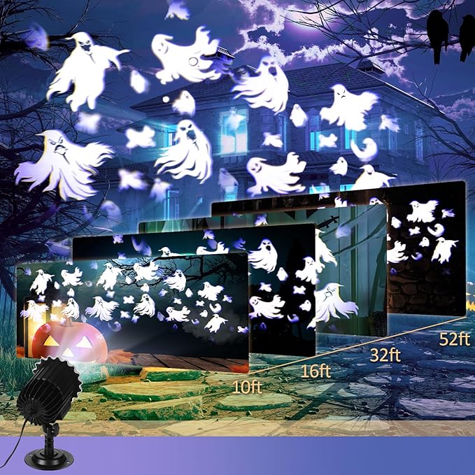 Halloween Projector Light with 1 Film Slides Holiday LED Projector Lights Outdoor Reflectors Waterproof Landscape Decorative Rotation Lighting Movement Projection Lamp(Ghost)