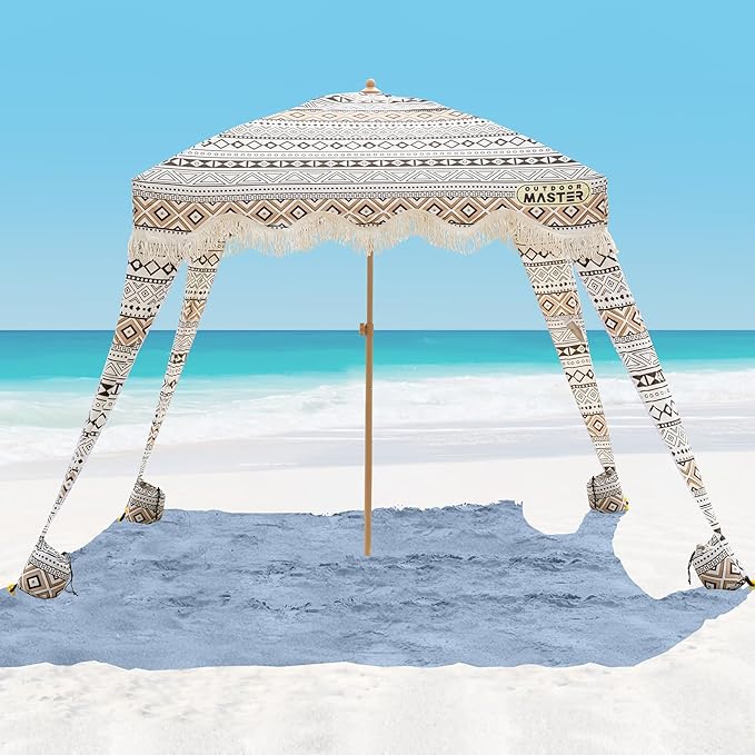 OutdoorMaster Beach Cabana with Fringes Portable 6' x 6' Beach Canopy for Sand Easy Set Up Beach Shelter Included Side Wall UPF 50+ UV Protection Sun Umbrella - for Family &amp Friends