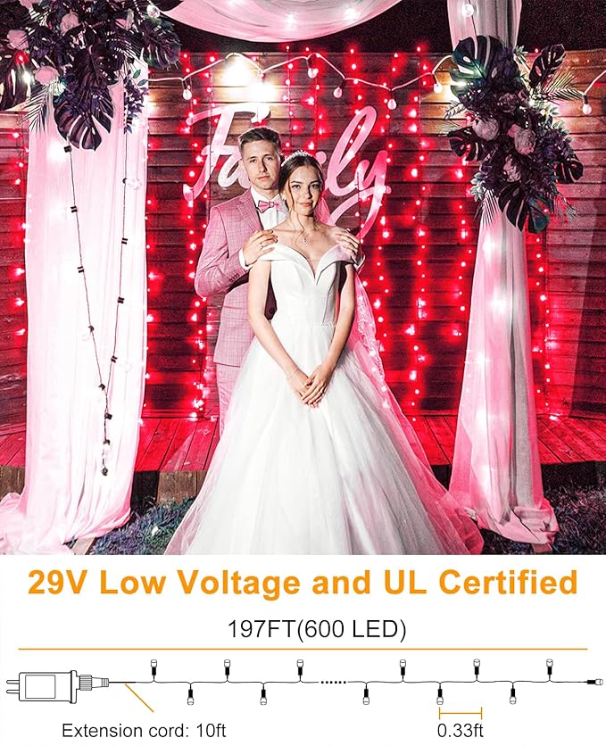 197FT 600 LED Christmas Lights Outdoor Plug in Red Valentine Lights with 8 Modes &amp Waterproof Connectable Green Wire String Lights for Outside Indoor Home Garden Yard Party Holiday Decorations