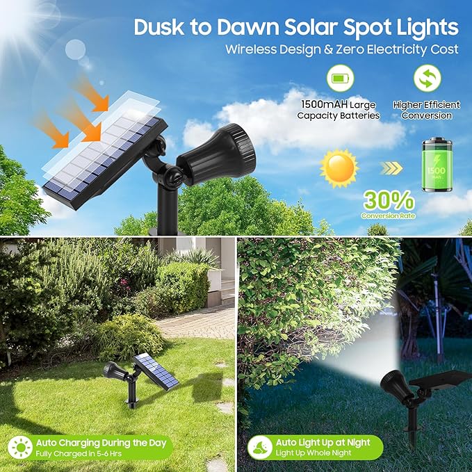 Bosceos Solar Spot Lights Outdoor - Adjustable Solar Flood Lights with 30 LEDs 3 Modes 800 LumensIP65 Waterproof Solar Light for Landscape Yard Garden Driveway Tree(Daylight White 6-Pack)