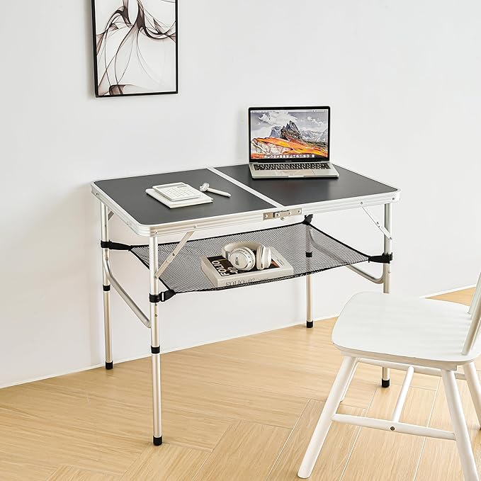 Folding Camping Table 36''L x24''W Camp Aluminum Table with Adjustable Height Legs Indoor Outdoor Lightweight Portable Folding Dining Table for Camp Picnic Beach 3Ft black 2 Heights 15/28）