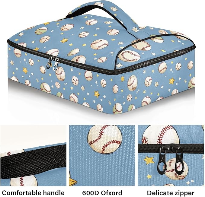 Casserole Carrier Baseballs and Stars PatternInsulated Casserole Carrier for Hot or Cold Food Thermal Lunch Tote for Potluck Parties Picnic Beach Fits 9 x 13 Inches Baking Dish