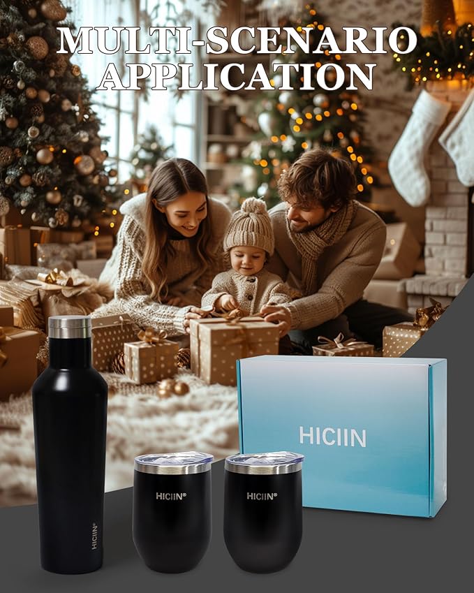 Stainless Steel Wine Tumblers with Lid TWO 12oz &amp Insulated Wine bottle ONE 25oz&ampGift Set with well packaged box.Keep waterwinedrinks with warm or cold (Black)