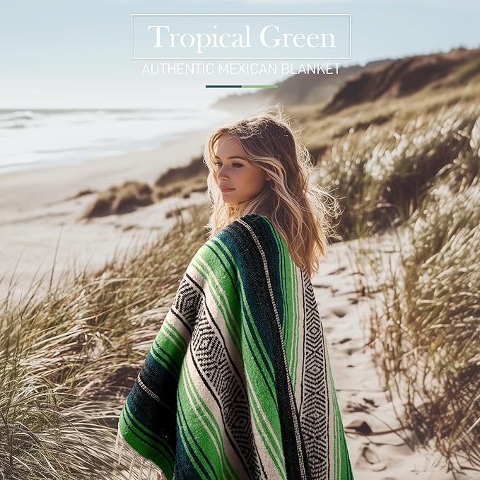 Hydration Nation Authentic Extra Large Mexican Blanket (70x50) - Handwoven Yoga Serape- Artisanal Falsa Beach Camping Picnic Outdoor - Tropical Green