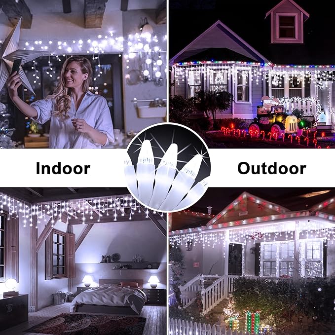 132FT 1332 LED Outdoor Christmas Lights - 296 Ice Drops 12 Pro Modes with Timer Memory &amp Brightness Waterproof Hanging Ice String Light for Holiday Wedding Garden Fence House Decor (Cool White)