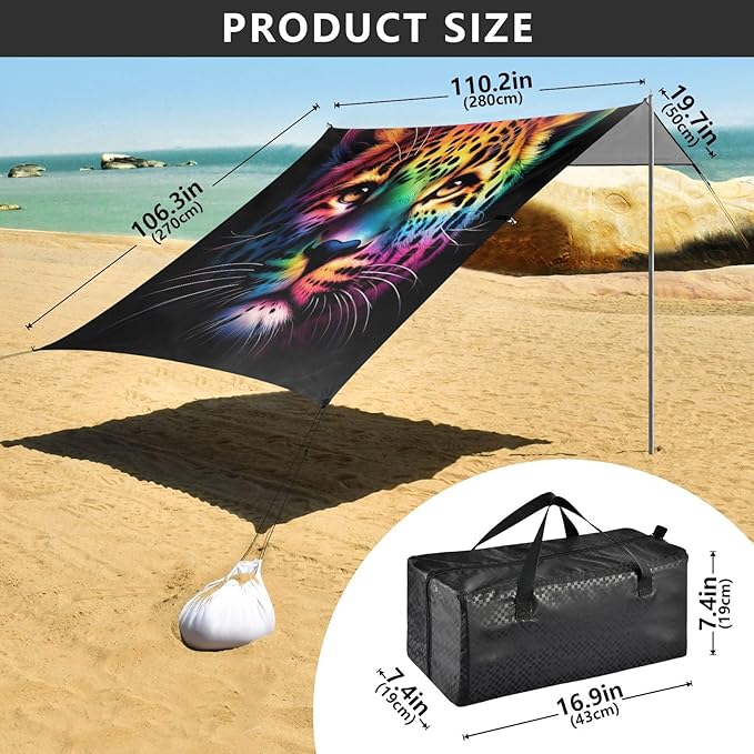 ALAZA Leopard Portrait Rainbow Color Beach Tent Sun Shelter UPF50+ Protection Beach Shade Canopy w/ 4 Sandbags for Outdoor Camping Fishing Backyard Fun Picnic 10x9 ft