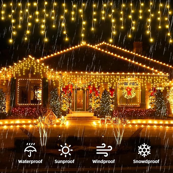 Christmas Outdoor Icicle Lights - 480 LED 66+33 FT 8 Modes Curtain Fairy String Light Plug in Waterproof for Eaves Yard Holiday Xmas Holiday Indoor Outdoor Decoration - Warm White