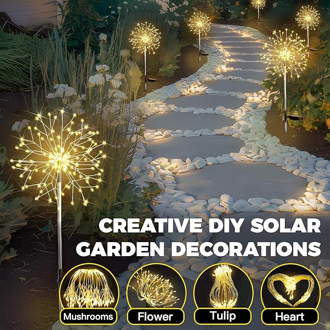 suddus Solar Garden Lights Outdoor Waterproof Decorative 2Pack 150LED Firework Lights Solar Fairy Lights for Yard Garden Party Patio Pathway Flowerbed - Warm White