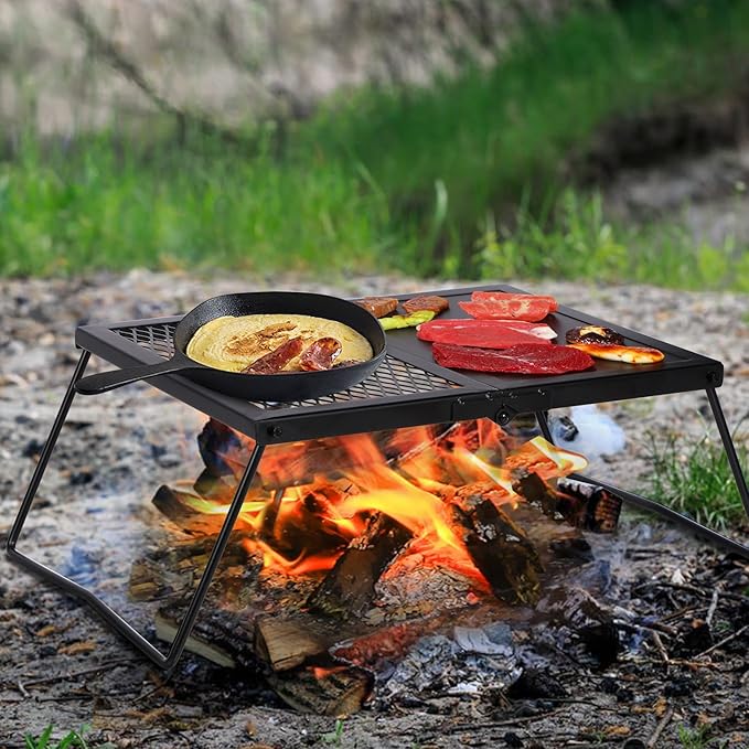 REDCAMP Folding Campfire Grill Heavy Duty Steel Grate Portable Camp Fire Cooking Racks and Griddle for Outdoor Versatile Campfire Cooking