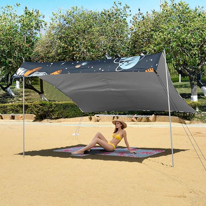 Cartoon Astronauts Camping Sun Shelter Beach Tent Portable Beach Sun Shade Outdoor Canopy for Camping Trips Fishing Picnic
