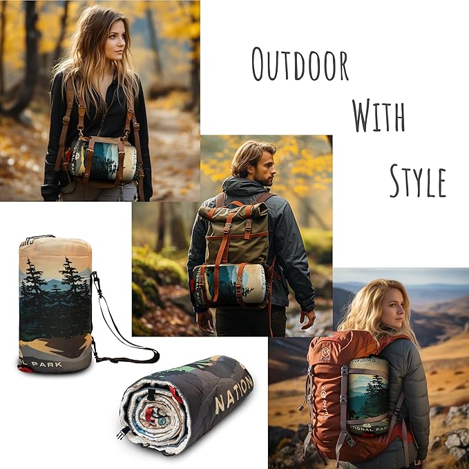 Sherpa Puffy Outdoor Camping Blanket for Traveling Picnics Beach Concert Car Stadium Sporting Events - Wearable Warm Waterproof - 55 X 78 (Great Smoky Mountains NP)