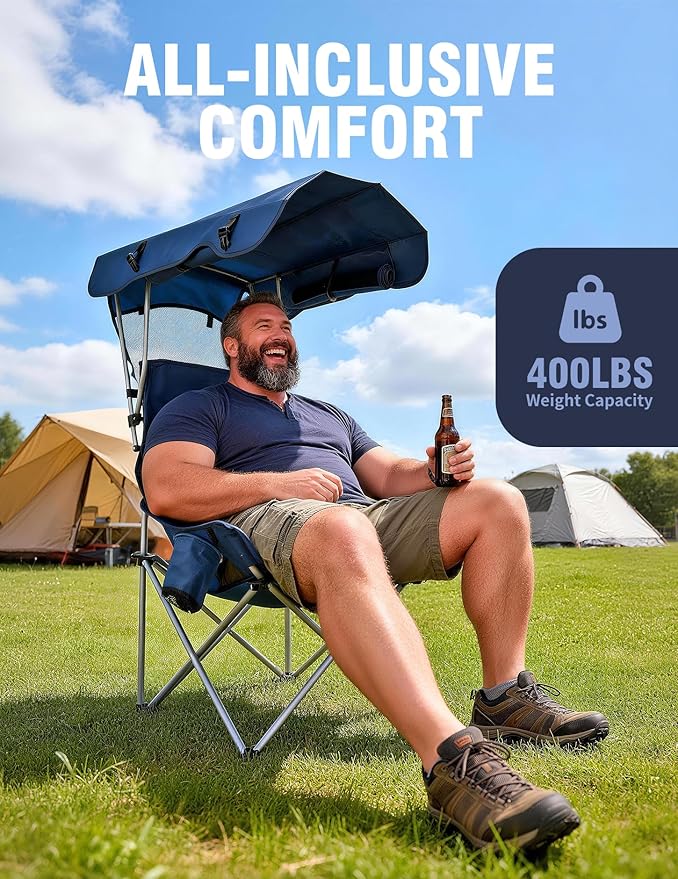 East Oak Oversized Camping Chair with Canopy | 400 LBS Heavy Duty Folding Beach Chair with Canopy Shade Roomy Seat Maximum Sun Protection Ample Storage for Sports Events Fishing
