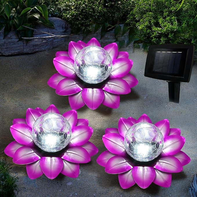 LEWIS&ampWAYNE Solar Garden Lights Outdoor 3 Pcs Purple Lotus Flower Pathway Lamps with Cool White Crackle Glass Globe Led Lights for Patio Pathway Yard Balcony Garden Decorations