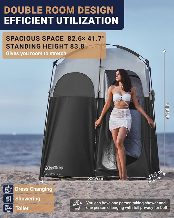 KingCamp Camping Shower Tent Portable Outdoor Privacy Toilet &amp Changing Tent Windproof &amp Waterproof Easy Setup 1 or 2 Room Shelter with Shower Bag for Camping Hiking Beach