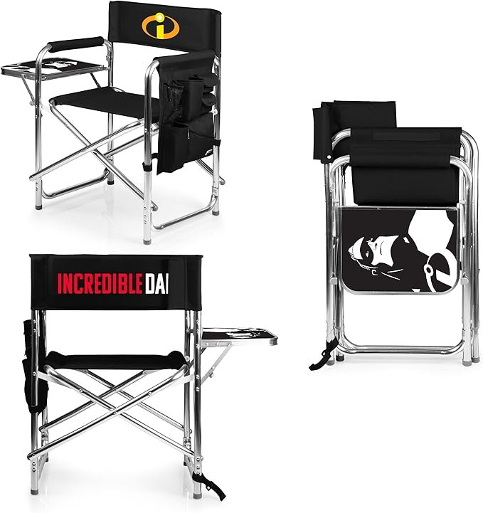 PICNIC TIME Disney The Incredibles Mr Incredible Sports Chair with Side Table Folding Beach and Camp Chair Portable Outdoor Chair with Carry Strap and Storage Pockets (Black)